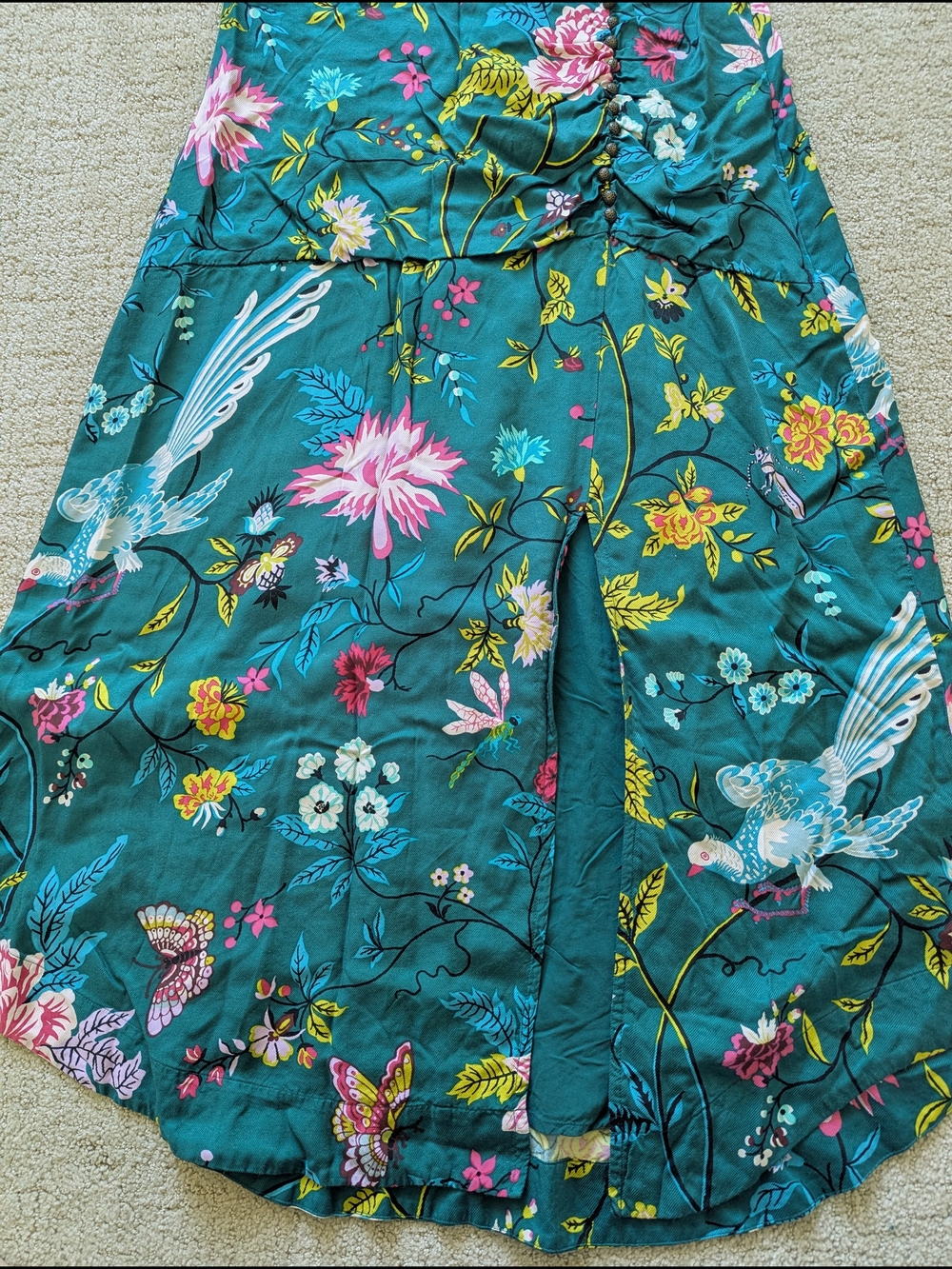 Maeve Anthropologie Button Front Shirt Dress 14 Green Floral Bird V-neck Slit - Picture 7 of 15